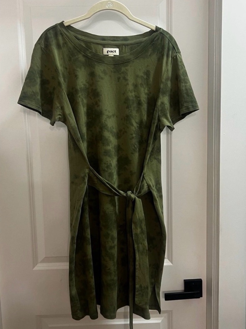 Pact Tie Die Green Organic Cotton Tie Front T-Shirt Dress Size L Casual Soft
